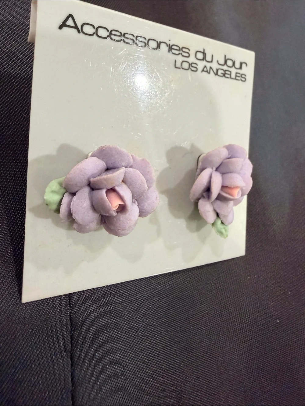 Vintage Accessories du Jour LA Purple Lavender Porcelain Rose Earrings